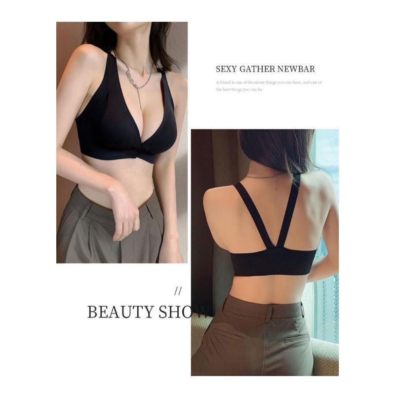 Biustonosz z głębokim dekoltem w serek z przodu, bezśladowa, bezszwowa bielizna, niewidoczny biustonosz push-up, kobiecy biustonosz bez fiszbin, piękna bielizna z tyłu