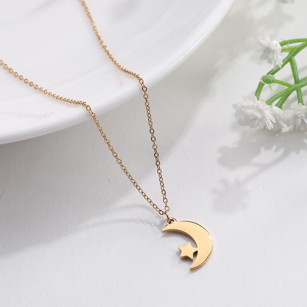 Stainless Steel Crescent Moon Star Pendant Necklace Ladies Birthday Party Jewelry Gift Cute Fashion Accessory