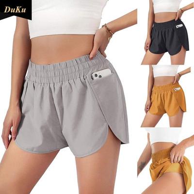 Damen Sport Fitness Shorts Elastische Taille Laufshorts Anti-Rutsch Fitnesshose Fake Two Yogahose