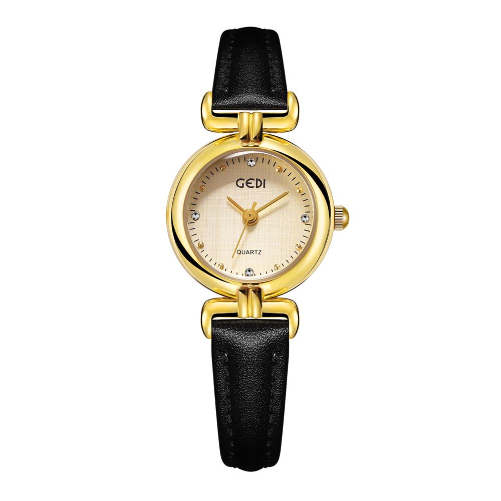 Gedi Retro-Style Women's Thin Quartz Watch with Cloth Pattern and Genuine Leather Strap