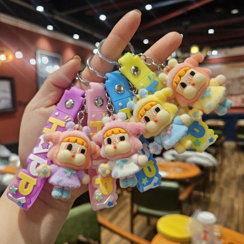 Creative Flocking Doll Keychain Student Bag Blind Box Cartoon Pendant Car Keychain Couple Bag Pendant