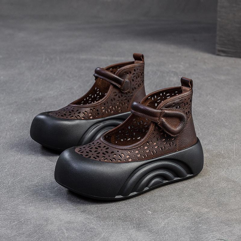 Johnature Sandálias de couro legítimo com sola grossa romanas respiráveis e plataforma plana feminina