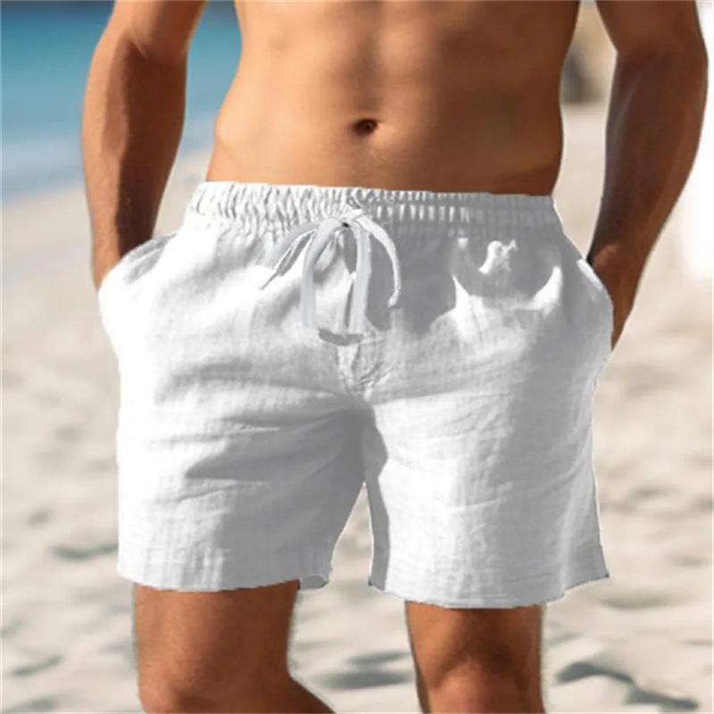 men solid linen blend beach short elastic waist drawstring casual shorts S белый
