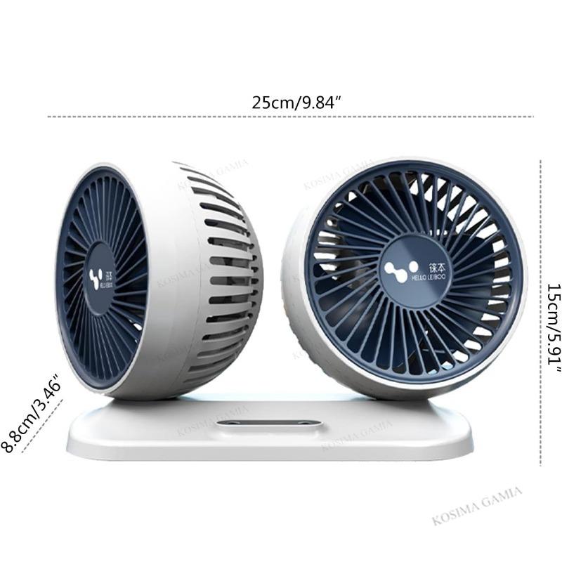 USB Car Fan 3-Speed Double Head 360° Adjustable Independent Switch Low Noise Electric Cooler for Home Desk Office Car