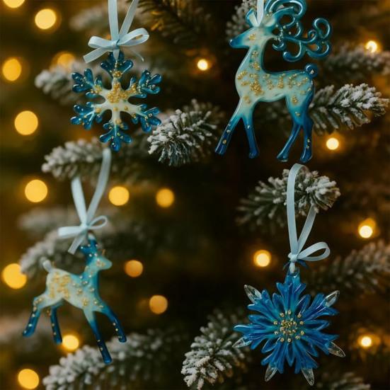 Ručně vyráběné pryskyřičné vánoční ozdoby Modré a zlaté sobí vločky Ozdoba na vánoční stromek s poutky Vintage sváteční suvenýr