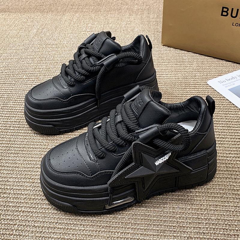 

Autumn Leather Pink Chunky Sneakers Platform Lace-up Thick Sole Casual Shoes Women Slip on Fashion Outdoors Walking Shoes 35 чёрный