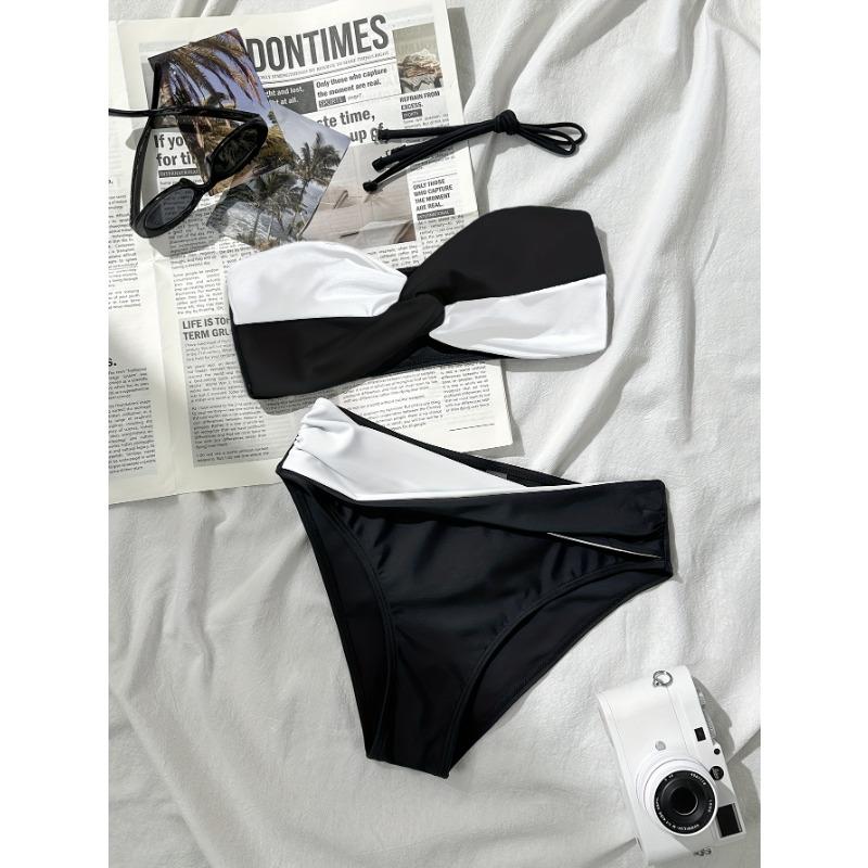 Women's Black And White Twist Front Two-Piece Bikini Swimsuit