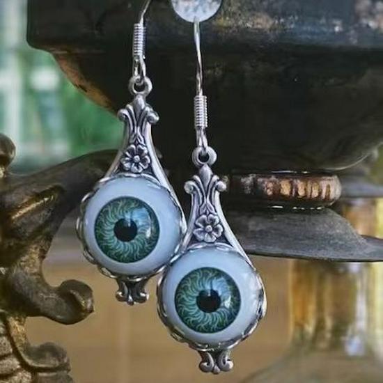 Vintage Gray Evil Eye Doll Pendant Earrings - Gothic Style