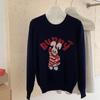 Women's Wool Round Neck Sweater with Cartoon Bunny Embroidery - Cute Style for Autumn/Winter