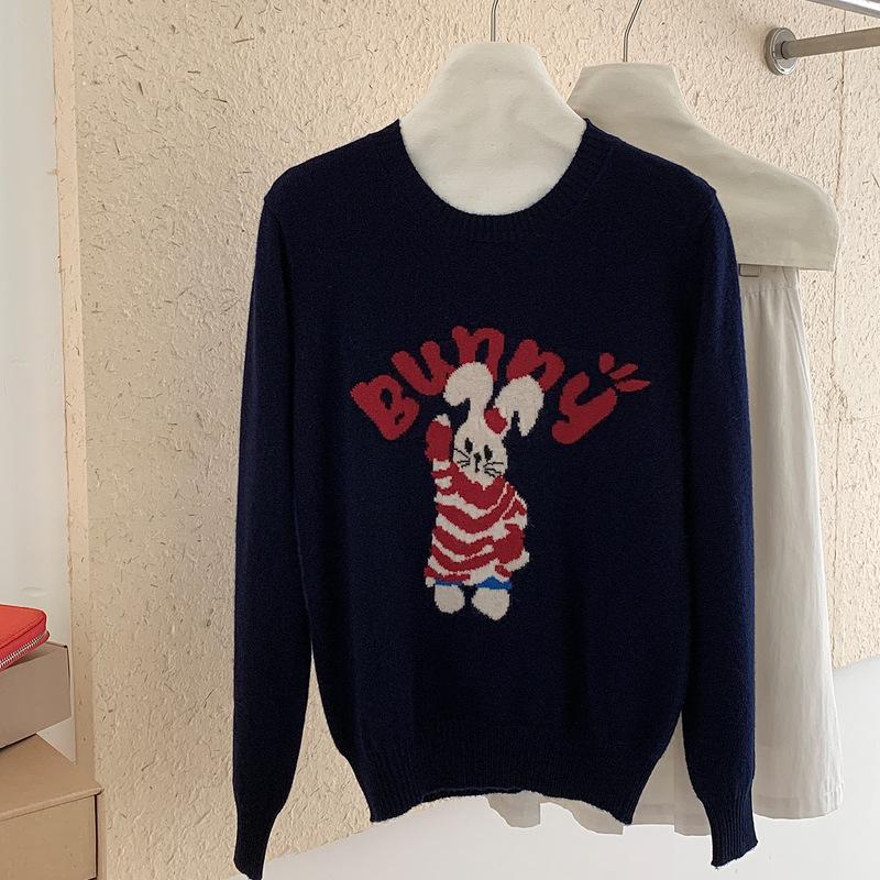 Women's Wool Round Neck Sweater with Cartoon Bunny Embroidery - Cute Style for Autumn/Winter