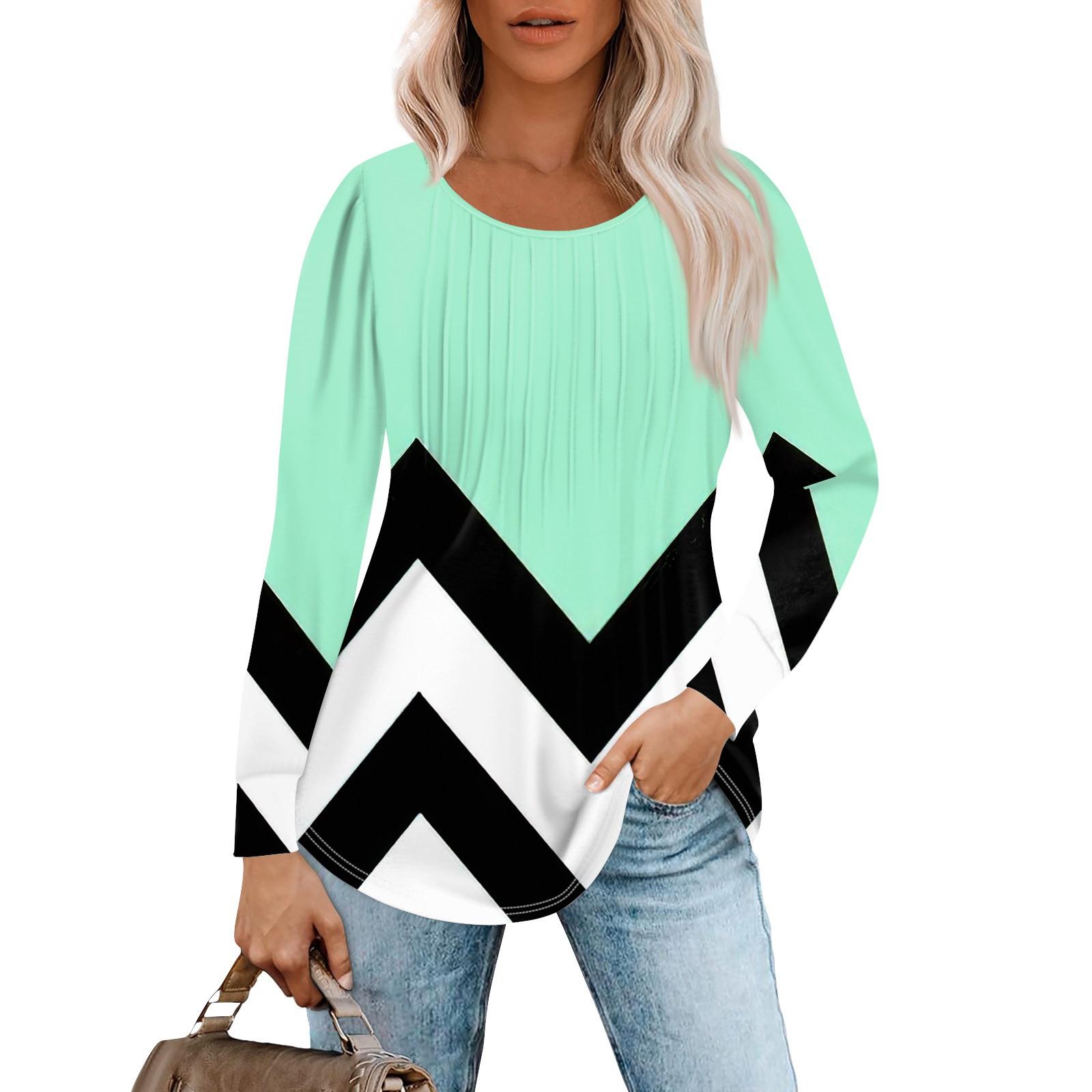 

Женские повседневные топы, полосатая плиссированная футболка с круглым вырезом и длинным рукавом с принтом XXXL хаки