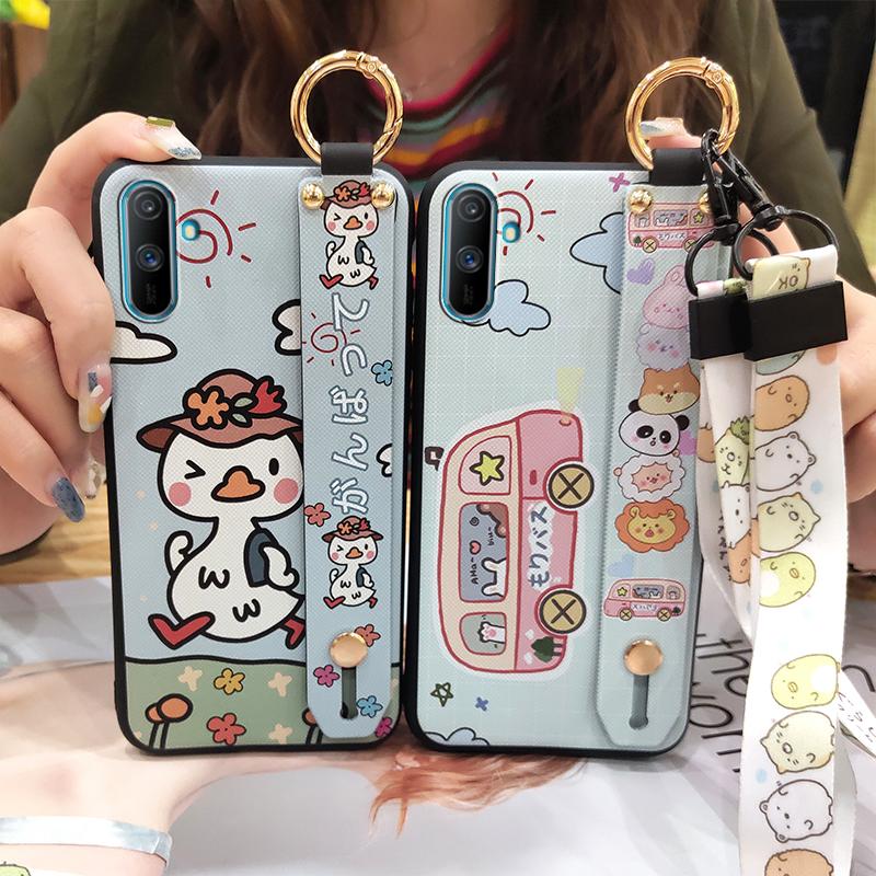 Phone Holder Fashion Design Phone Case For OPPO Realme C3/C3i/Narz N10A Wrist Strap Cute Kickstand Anti-knock Silicone