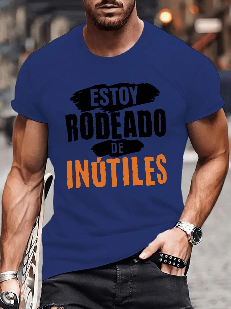 MenS Casual Summer TShirt ESTOY RODEADO DE INUTILES Fun Spanish Graphic Tee Black Short Sleeve Crew Neck