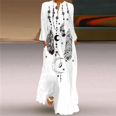Women's Fashion Autumn Winter Floral Print Long Sleeve V-Neck Loose Casual Dresses