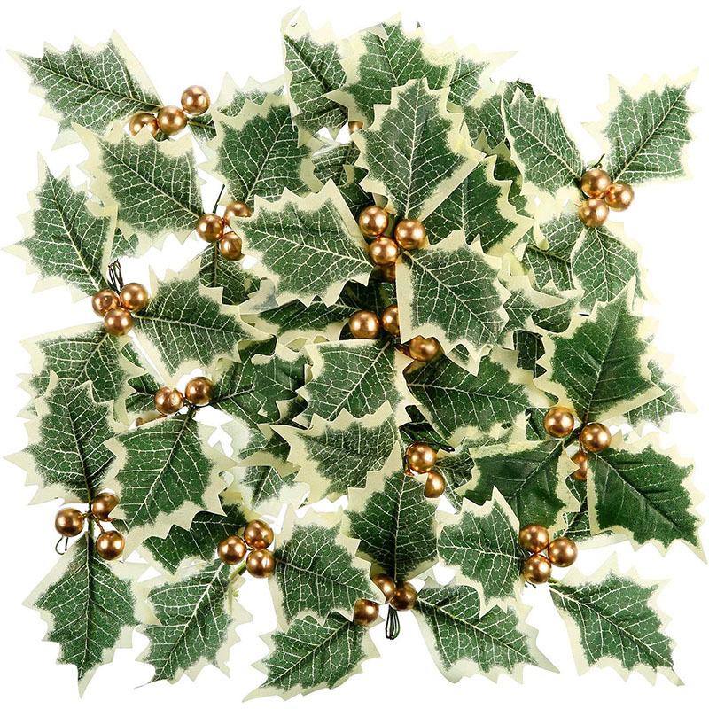 50/5Pcs Christmas Holly Leaves Artificial Red Berries Flower DIY Christmas Wreath Ornaments For Home Xmas New Year Decorations