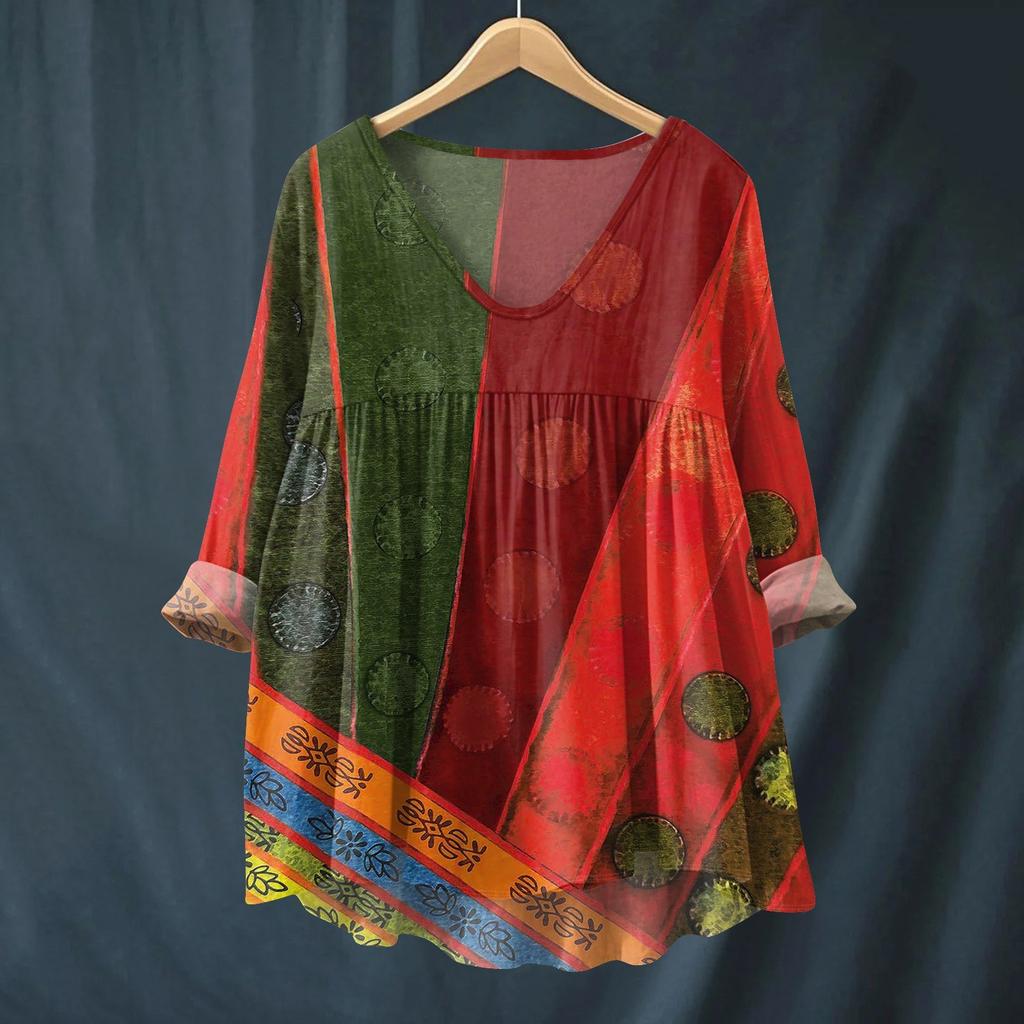 Women's Fashionable And Casual Shirt Long-sleeved V-neck Print Cotton And Linen Blouse