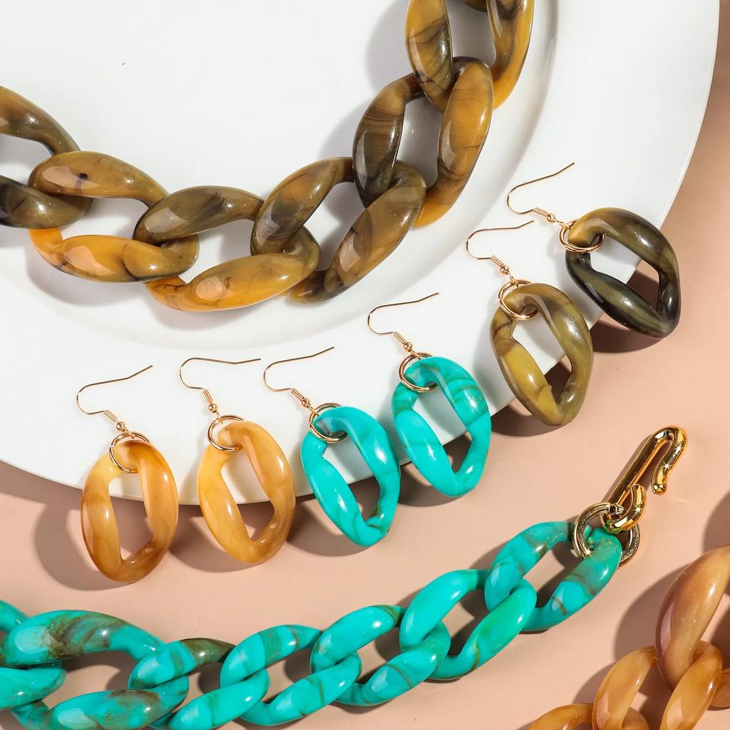 Statement Acrylic Earring Necklace Set for Women Men Boho Thick Link Chain Pendant Rock Jewelry Gifts