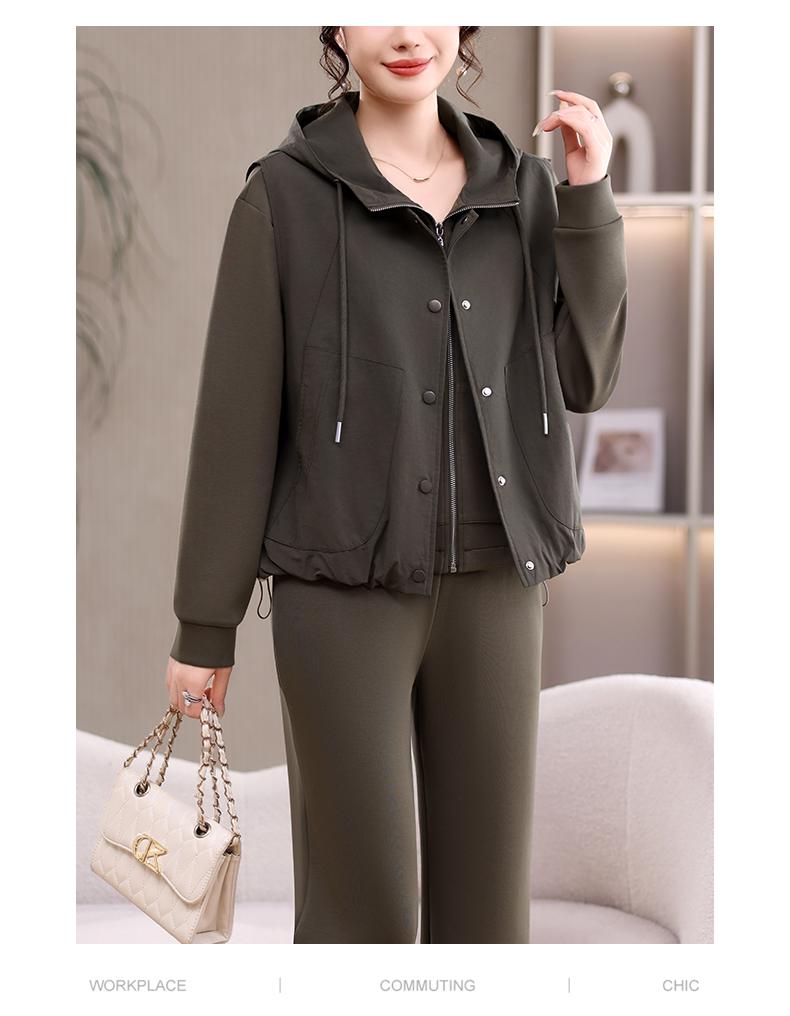 Autumn 2026 Women's Casual Three-Piece Set: Hooded Sweatshirt, Vest, and Pants.