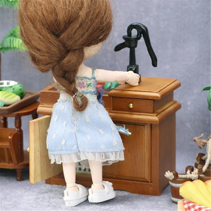 1/12 Miniature Sink Cabinet Wood Water Sink with Faucet And Storage Drawer For Doll House Kitchen Scene Decoration