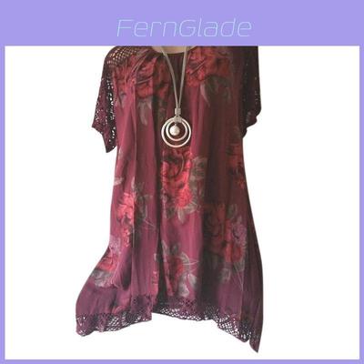 Women's Fashion Oversize Lace Patchwork Blouse With Elegant Floral Print Short Sleeve