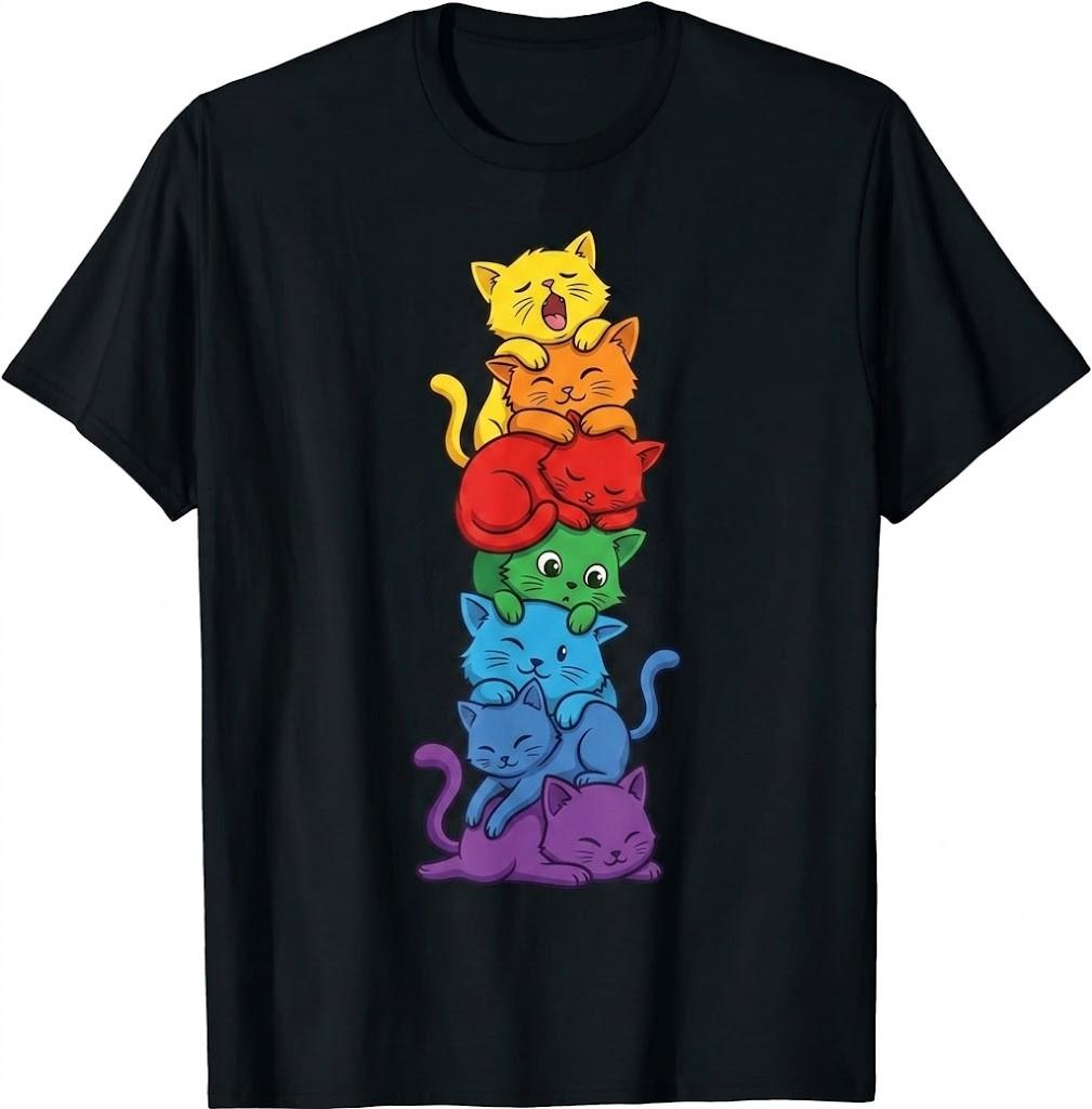 Rainbow Cat Stack T-Shirt Cute Colorful Kitten Tower Graphic Tee Cotton