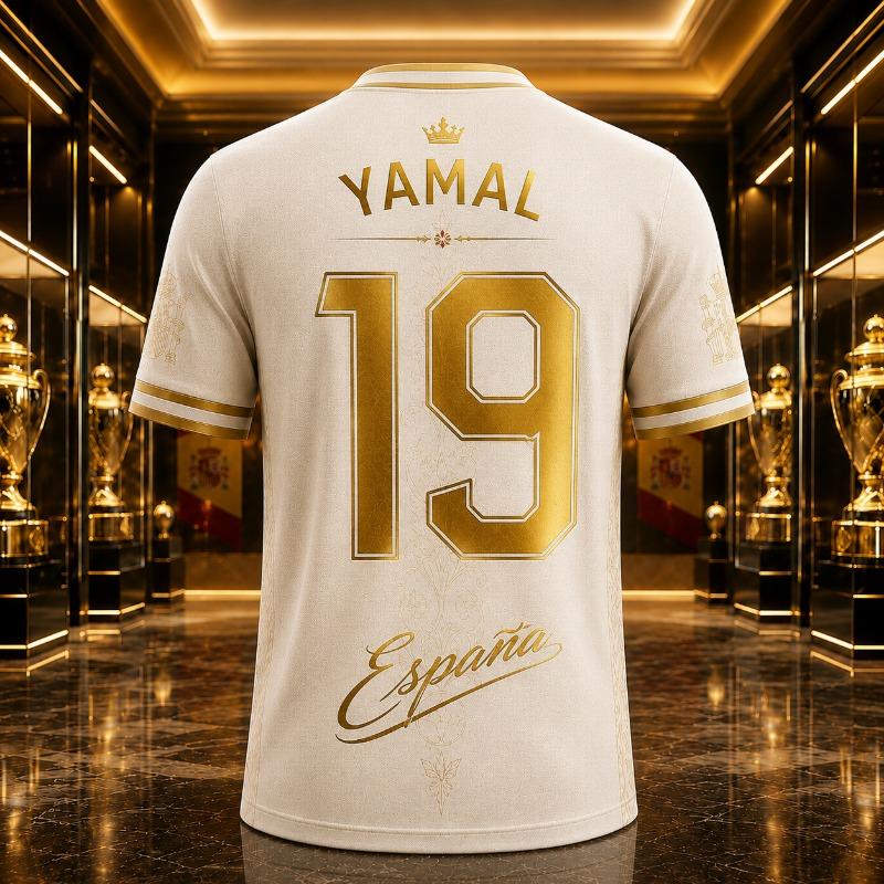 Spanien-inspiriertes Fußballtrikot Herren Weiß Gold Yamal Pedri Gavi Rodri Morata Name Nummer Fußballhemd Fan Sportbekleidung Geschenk S