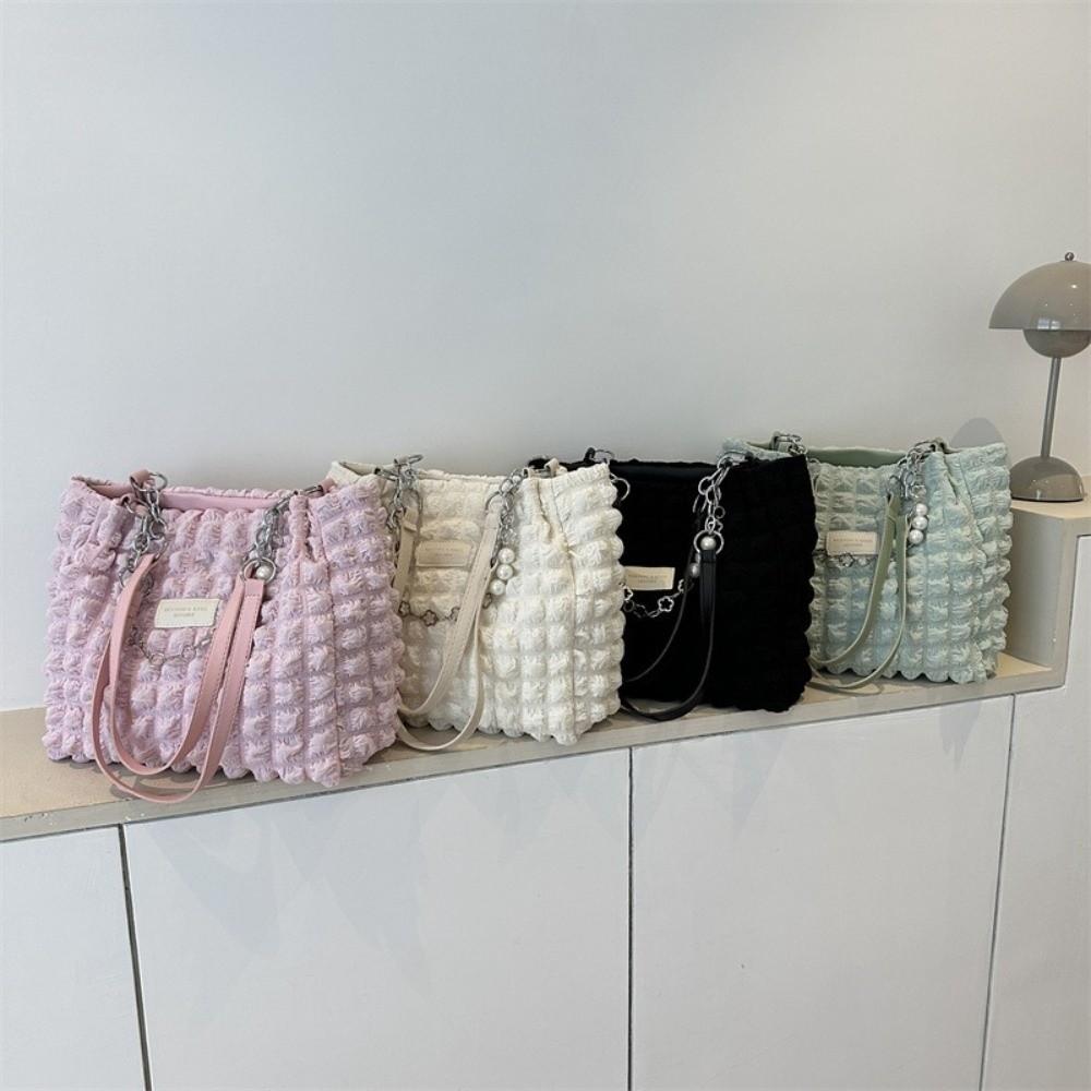 Korean Style Plaid Handbag Beaded Bubble Cloud Bag Fashion Pleated Tote Bag  Girls