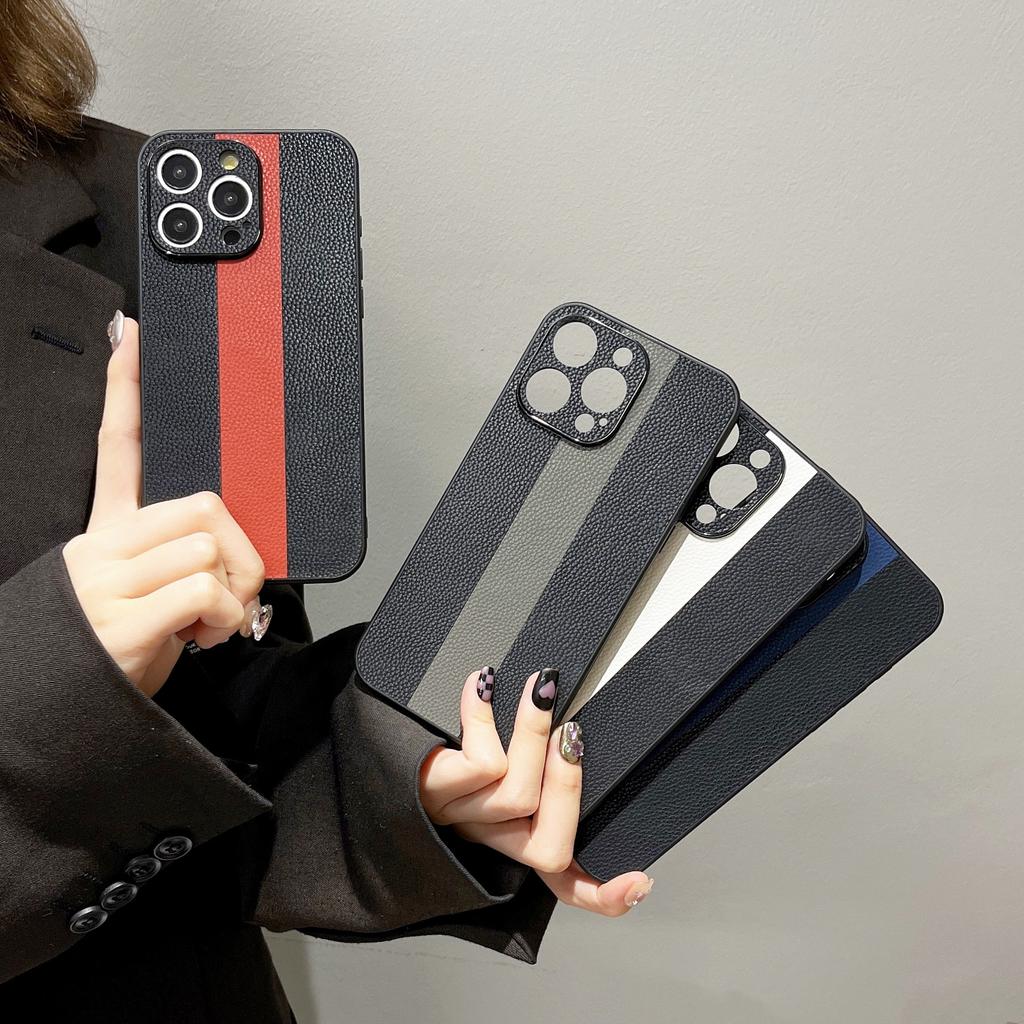 Applicable To Apple 15promax Color-blocking Lambskin Mobile Phone Case IPhone 14 Creative Leather 13 Protection Case