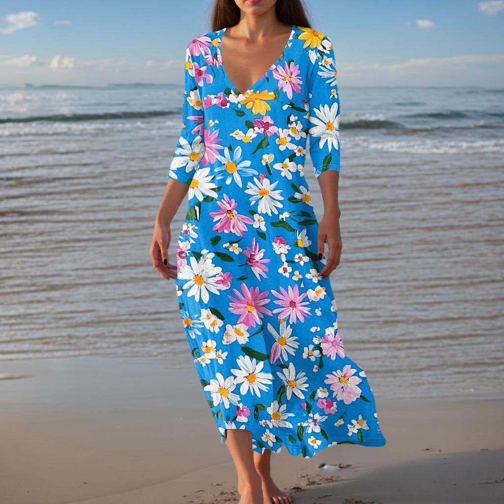 Women's Vintage Print Tunic Waisted Midi Dress Summer Casual 3/4 Sleeve Dress Dress