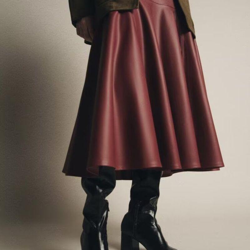 Zbzr Autumn New Women clothes Western Style Imitation Leather Elegant Temperament Patchwork Midi Skirt 8500910-