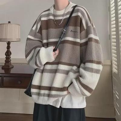 Suéter de punto de rayas retro japonés para hombre - Otoño/Invierno Grueso y moderno Diseño holgado