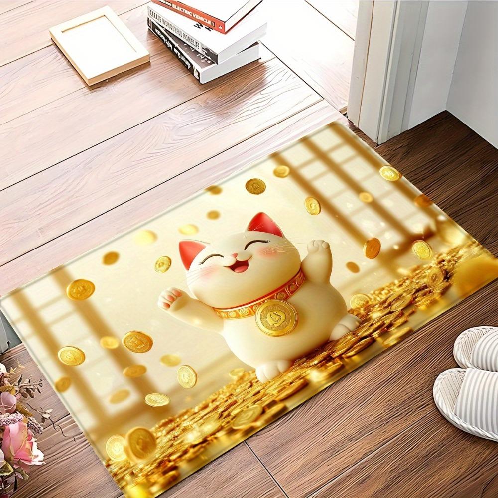 Lucky Cat Golden Coin Atmosphere Floor Mat, Non-Slip Absorbent Machine Washable Rug, Decorative Carpet for Bathroom Bedroom