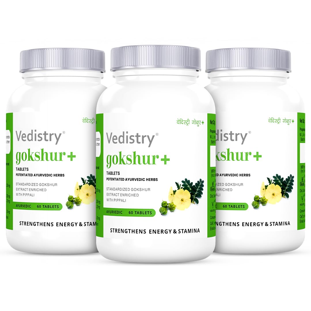 

Vedistry Gokshur+ Tablets for Stamina Strength and Post-Workout Recovery 60 Tablets X Pack of 3