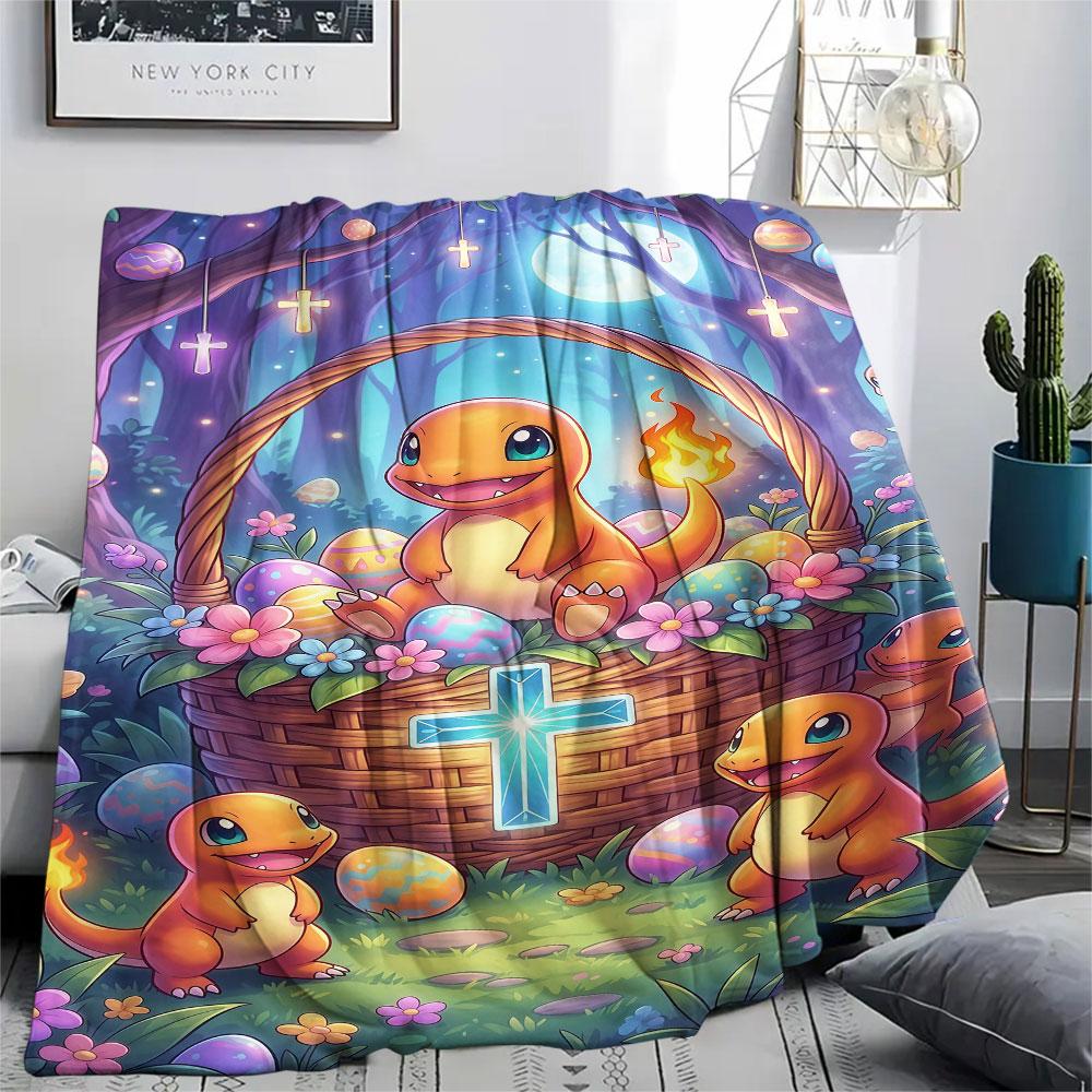 1Pc Easter Pokemon Print Flannel Blanket, High quality Comfortable for All Seasons, Home Decor, Warmth and Comfort, Perfect for Christmas Gifts