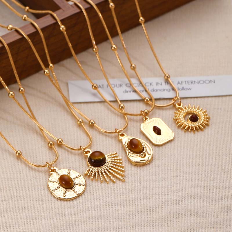 iF ME 5PCS Vintage Brown Opal Pendant Necklaces for Women Maillard Gold Color Metal Geometric Choker Necklaces Y2K Jewelry Accessories