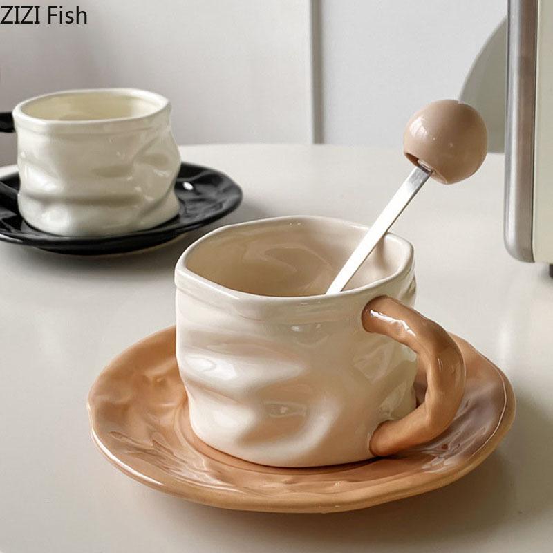 Creative Pleated Paper Ceramic Cup&saucer Dining Table Coffee Mug Milk Tea Mugs Afternoon Tea Teacup Fruit Juice Container