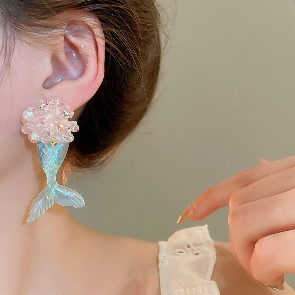 Cute Fishtail Drop Earrings Pearl Beach Style Earrings Sweet Mermaid Resin Earrings  Beach