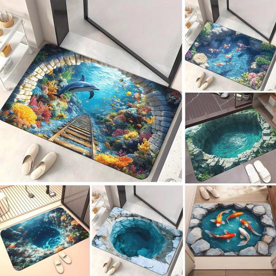 3D Underwater Cave Optical Illusion Rug Blue Ocean Small Area Rug Non-slip Kids Room Floor