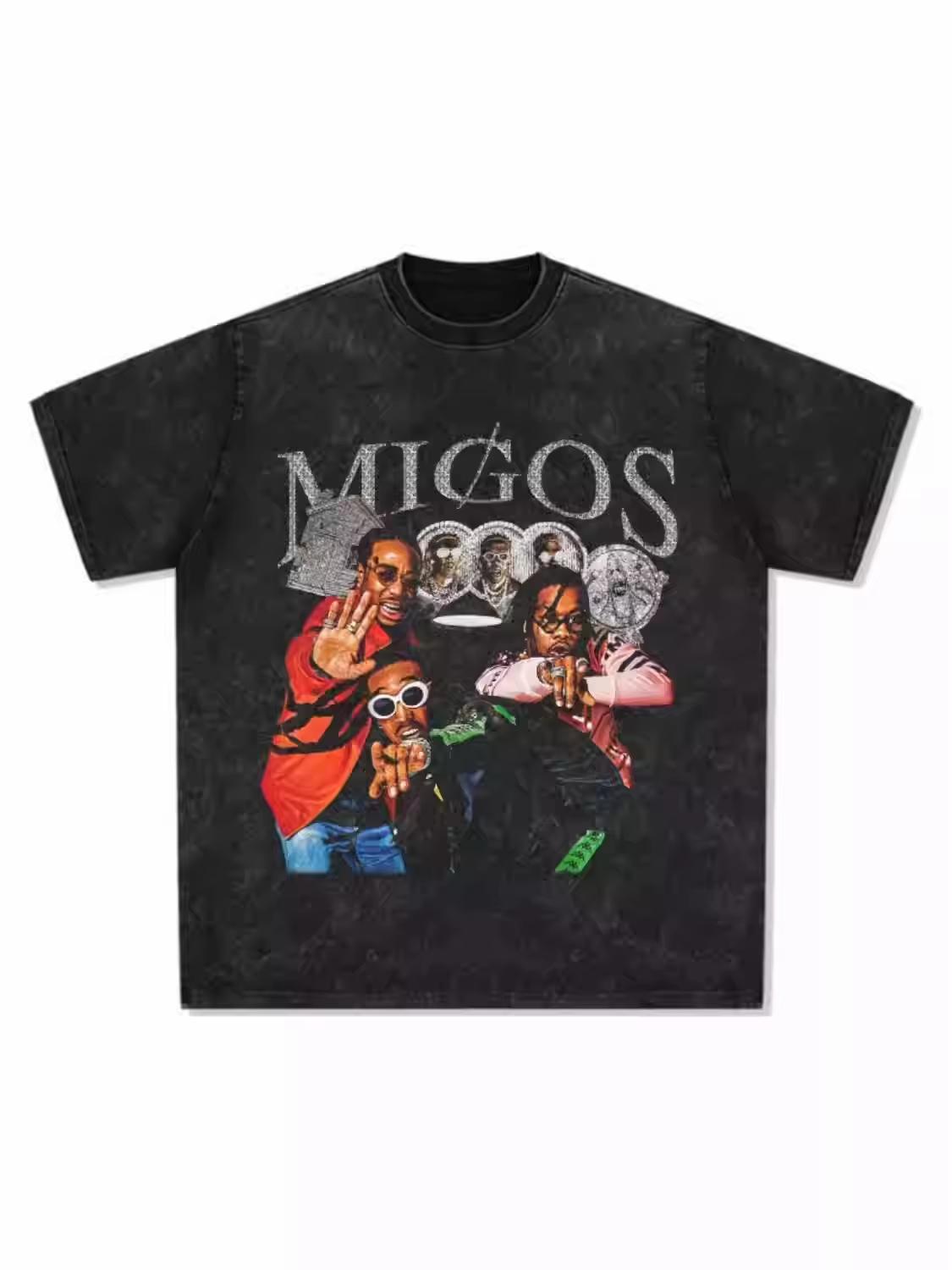 Migos HipHop Rap American ShortSleeved TShirt Street Style Retro Print Rustic Washed Pure Cotton Round Neck M