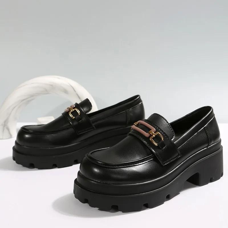 

Распродажа женской обуви 2024 года, модные женские туфли-лодочки без застежек, осенние туфли с круглым носком, цепочкой, однотонные туфли на платформе и массивном каблуке, туфли больших размеров 43