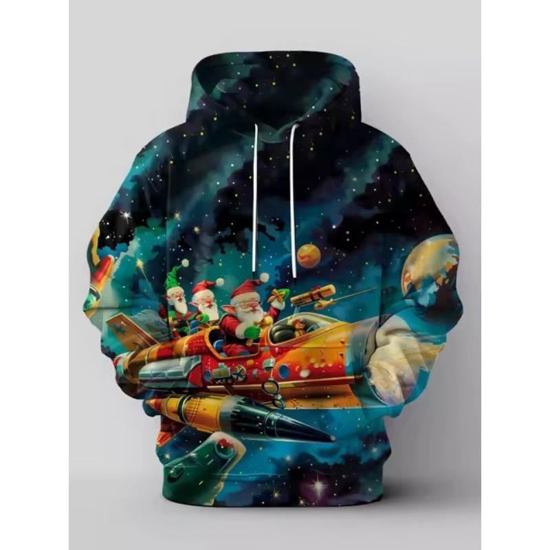 Holiday Santa Print Hoodie for Men, Diverse Christmas Figure and Snowflake Scene Pattern Full Graphic Loose Pullover, Perfect for Outdoor Trips