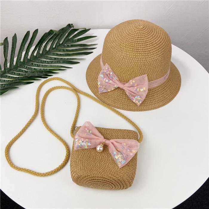 Summer Children's Straw Bag Bow Hat Set Sun Hat Basin Hat Messenger Bag Girls Shoulder Bag Change Bag