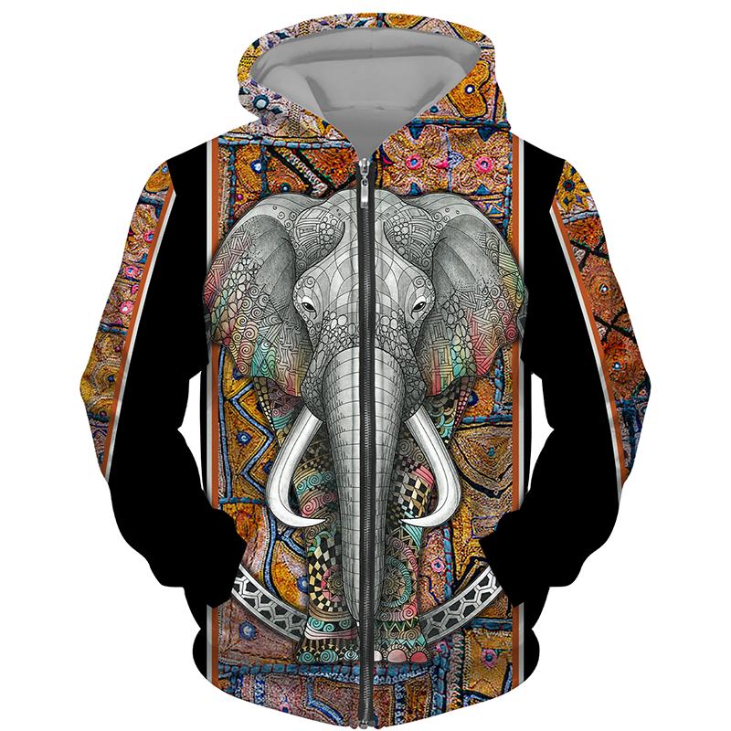 Retro National Flower Elephant Art 3D Print Sweatshirt Hoodie Men Fashion Autumn Warm Fleece Zipper Jacket Women Jumper Coats