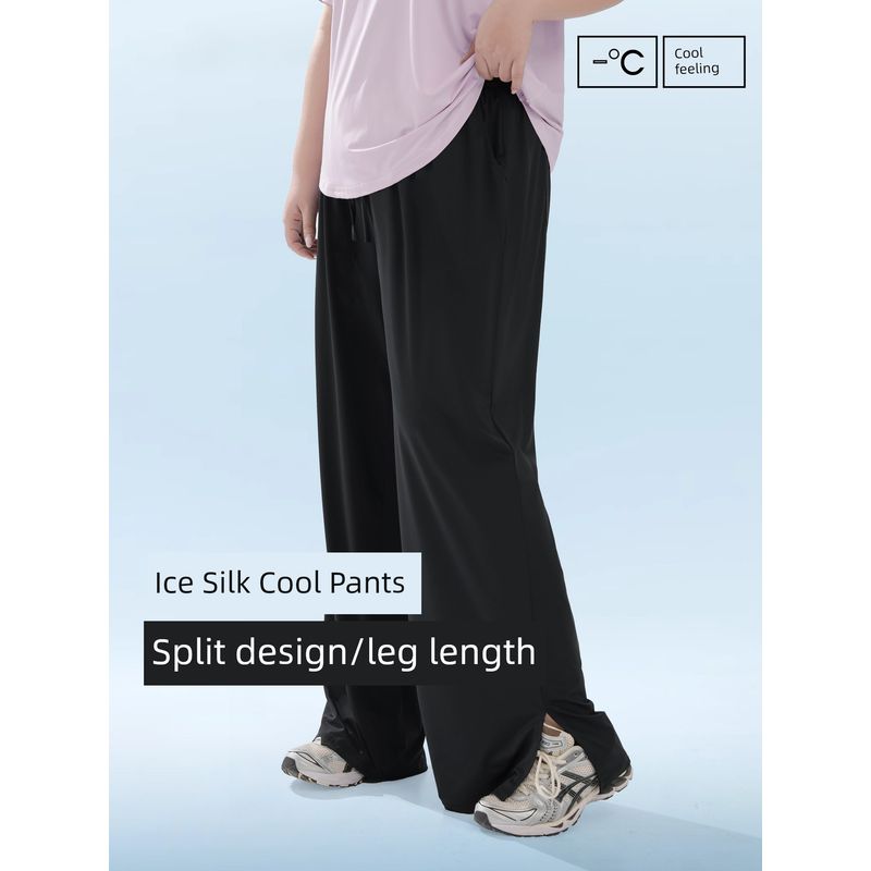 Plus size women clothing [Ice Silk Cool Pants] Three Pants Length Early Autumn New Chubby Girl High Waist Straight Split Wide Leg Pants