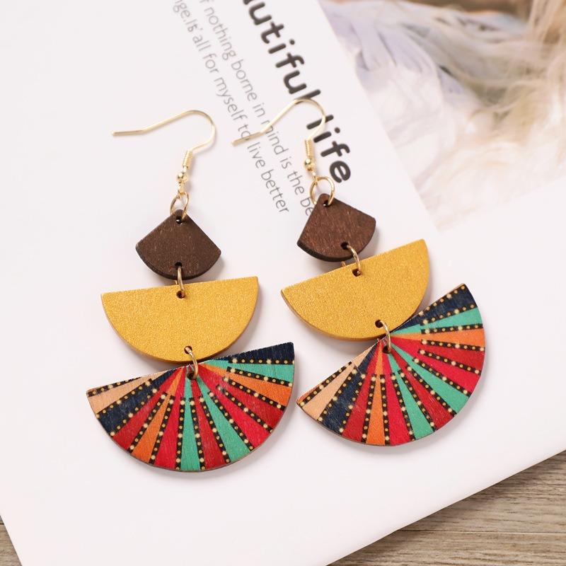 Bohemian Wood Stud Earrings Niche Design Geometric Stripe Print Earrings Femininity Personality Earrings