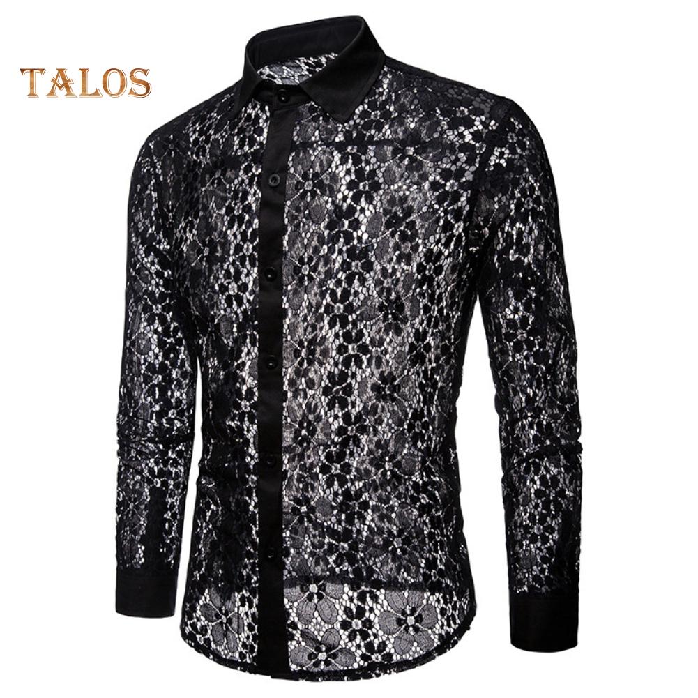 Men Sexy Long Sleeve Solid Color Lace See Through Clubwear Buttons Down Shirt