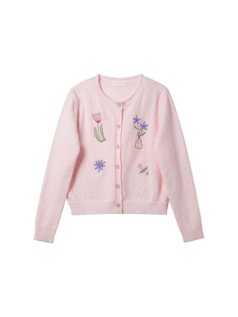 Women's Spring Pink Knit Cardigan with Floral Embroidery and Turn-down Collar