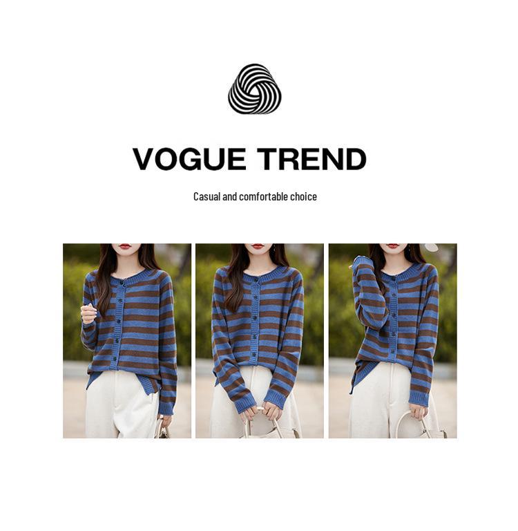 2024 Fall/Winter Pure Wool Color Block Striped Knit Cardigan - Women's Versatile Loose Fit