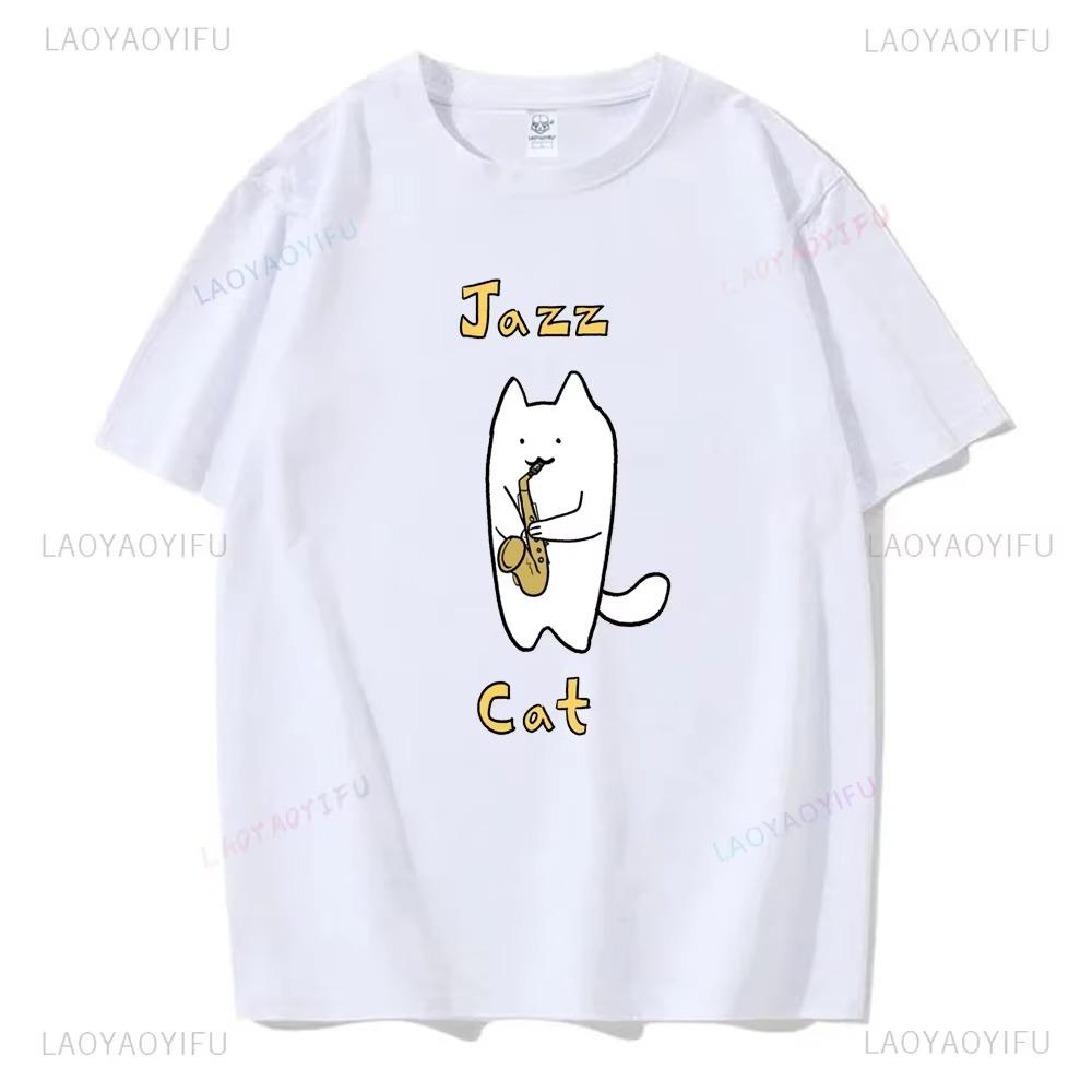 Cute Cat Plays Jazz Saxophone Graphic T Shirts Woman Man Vintage Fashion Casual Streetwear High Quality  Tee Shirt Funny