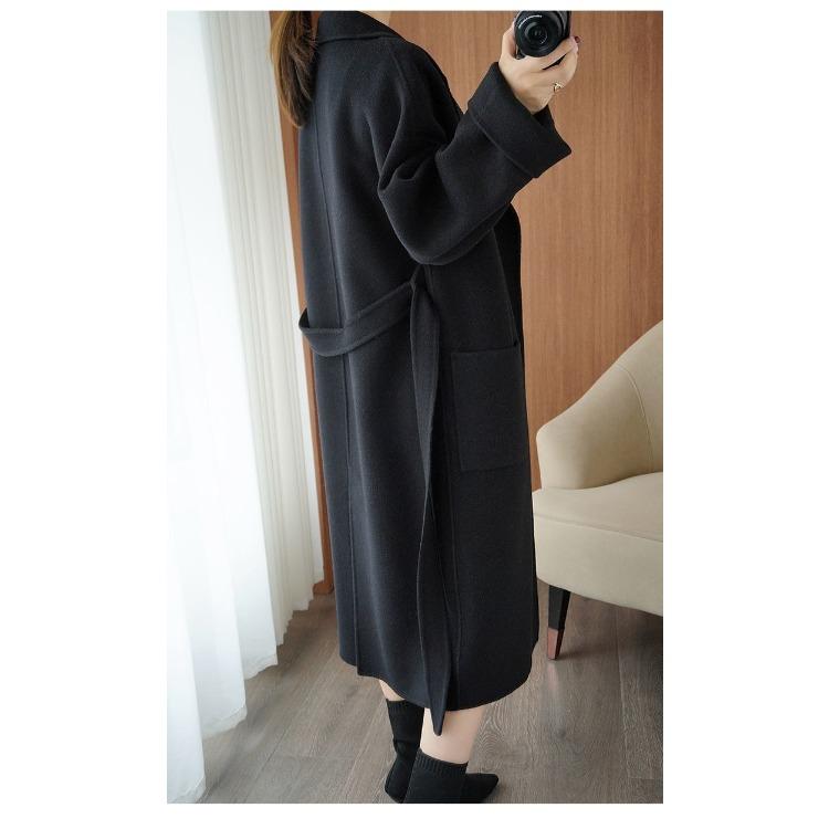 Cappotto di lana stile francese con cintura da donna, lungo, vestibilità ampia, semplice, elegante, autunno, inverno, caldo, soprabito